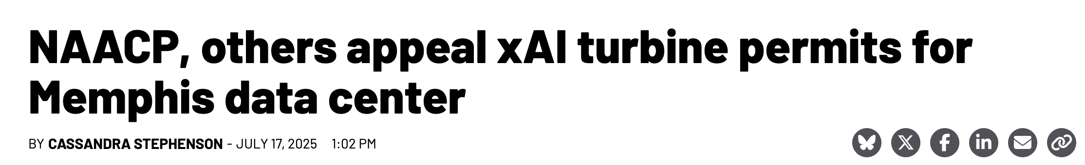 Tennessee Lookout headline: NAACP, others appeal xAI turbine permits for Memphis data center, by Cassandra Stephenson, July 17, 2025.
