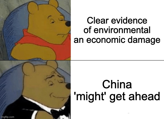 Two-panel Winnie the Pooh meme. Top panel, Pooh looking unimpressed: "Clear evidence of environmental an economic damage". Bottom panel, Pooh in a tuxedo looking pleased: "China 'might' get ahead".