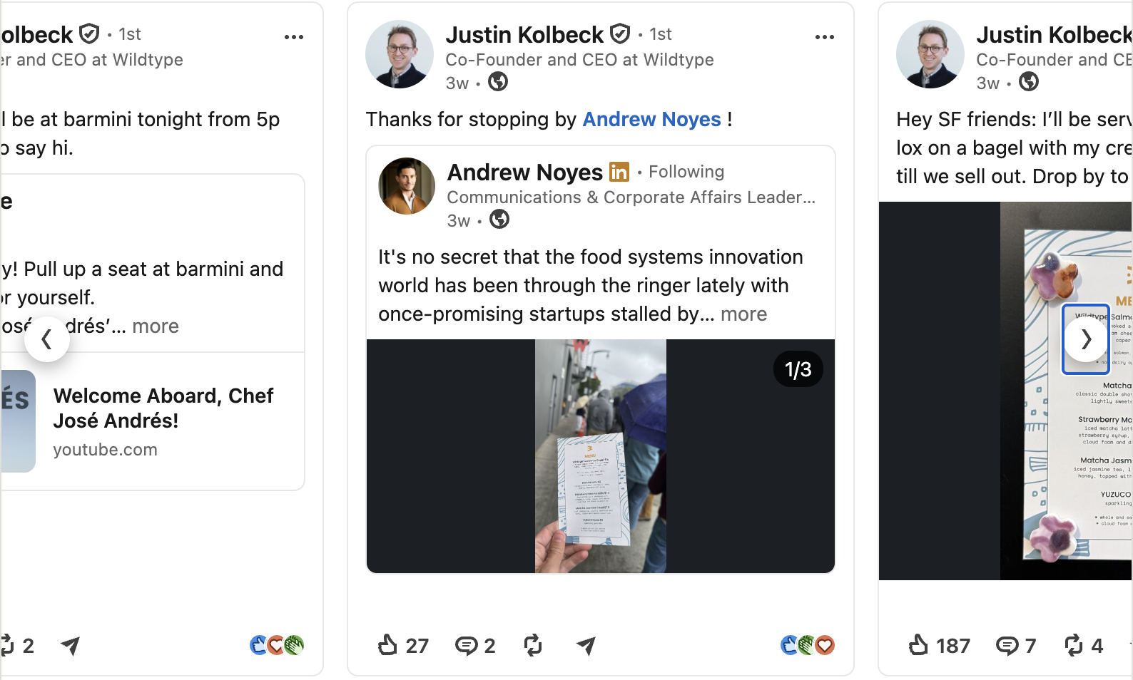 Screenshot of Justin Kolbeck's LinkedIn feed: three posts in a row, all reshares and reposts of other people's content rather than his own thinking