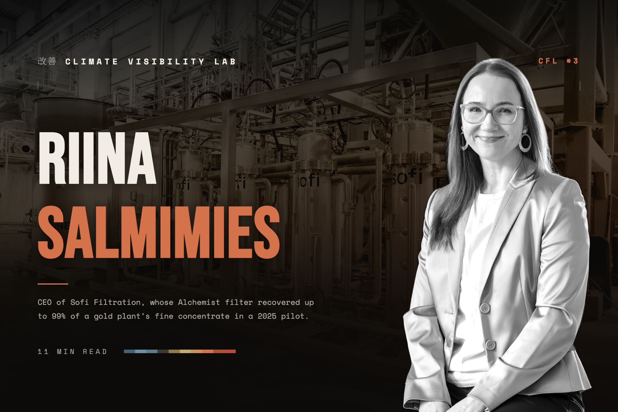 Climate Founder Letters #3 cover: Riina Salmimies in a light blazer, over a faded photo of Sofi filter vessels in a plant, with the line: CEO of Sofi Filtration, whose Alchemist filter recovered up to 99% of a gold plant's fine concentrate in a 2025 pilot.