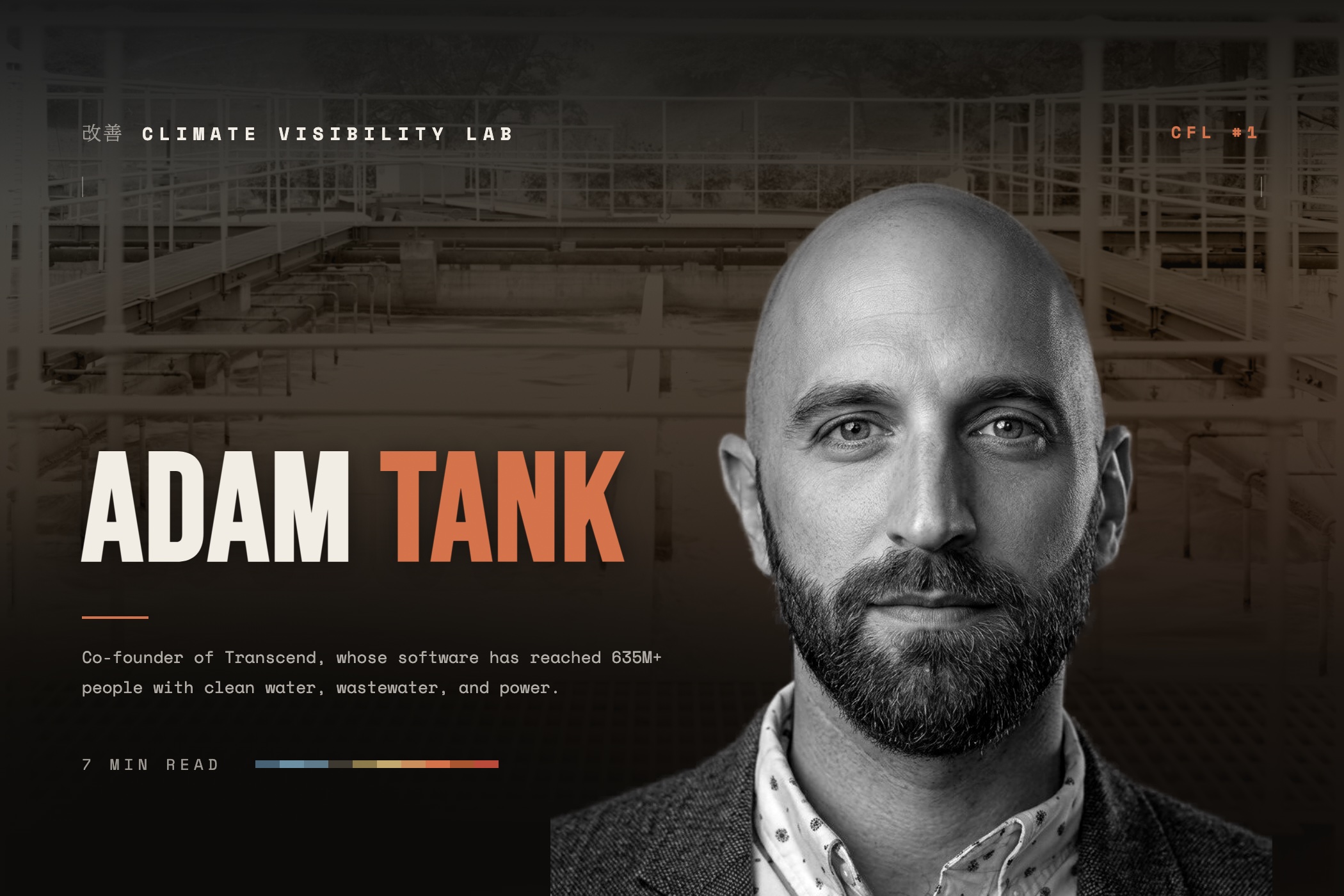 Climate Founder Letters #1 cover: Adam Tank, over a faded photo of a water treatment plant, with the line: Co-founder of Transcend, whose software has reached 635M+ people with clean water, wastewater, and power.
