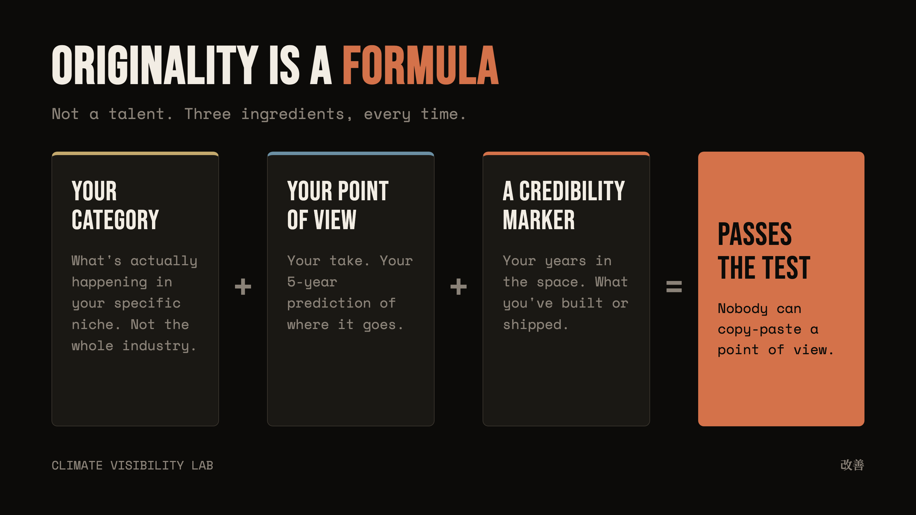 The originality formula: a category-specific event, plus your own point of view, plus a credibility marker