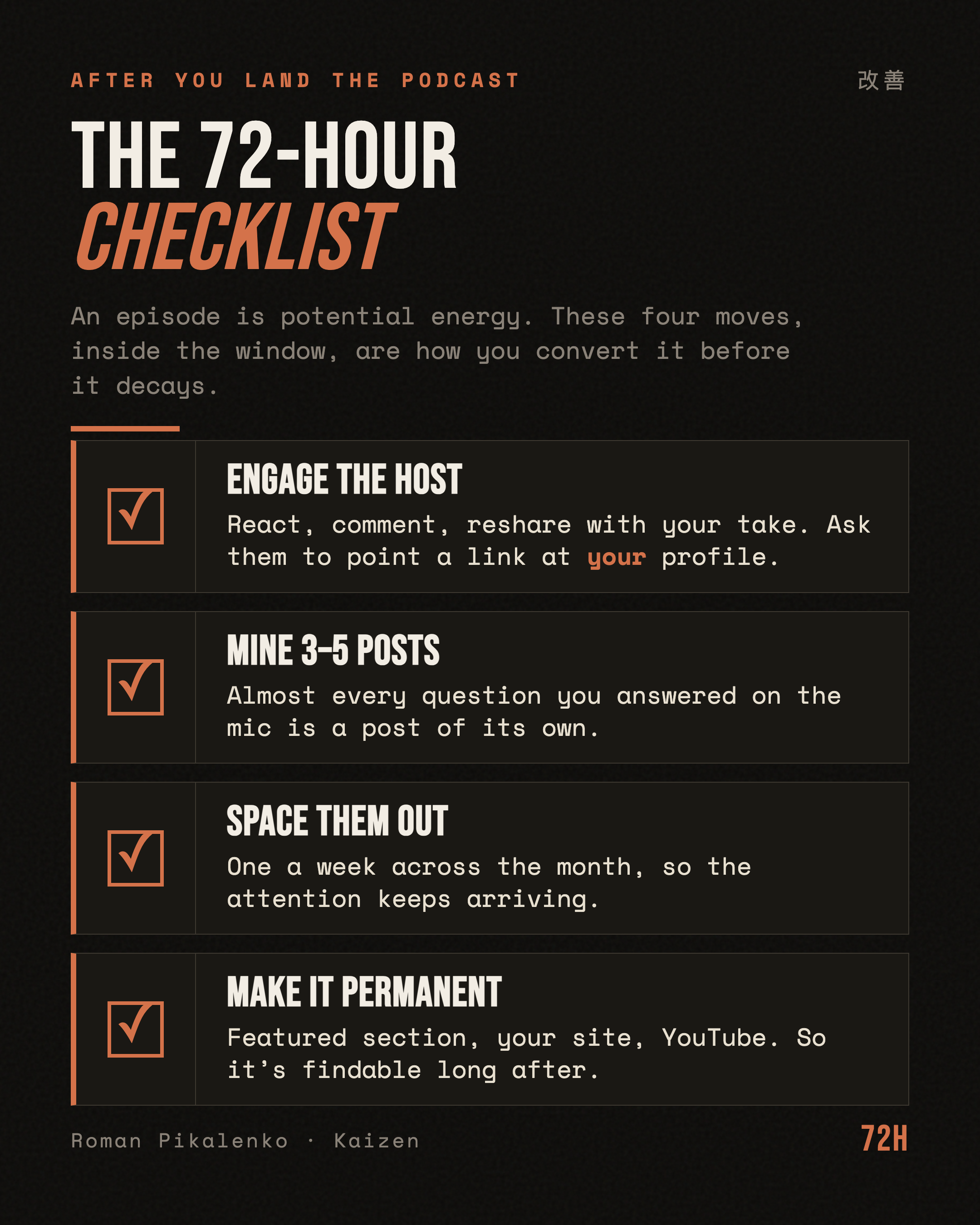 The 72-hour podcast window checklist: what to do in the three days after your episode drops to turn listeners into followers