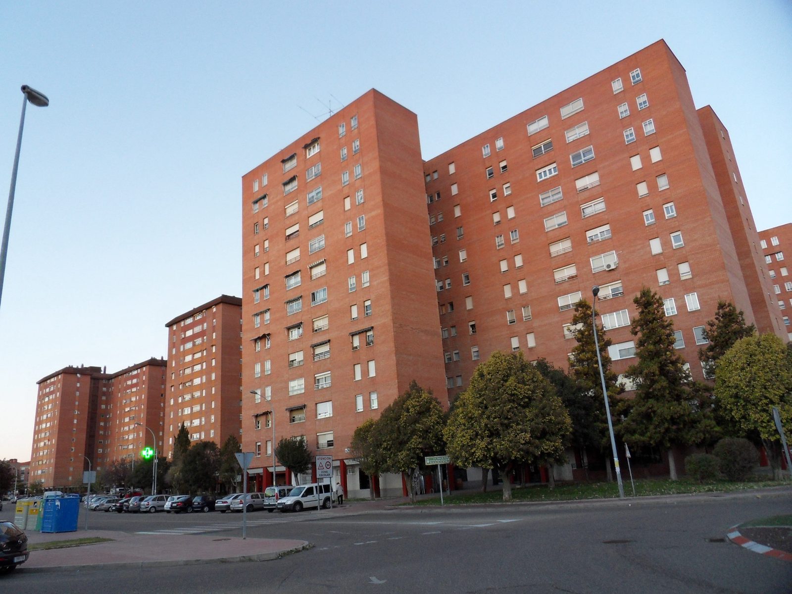 Brick apartment towers of the Torrelago district in Laguna de Duero, Spain.
