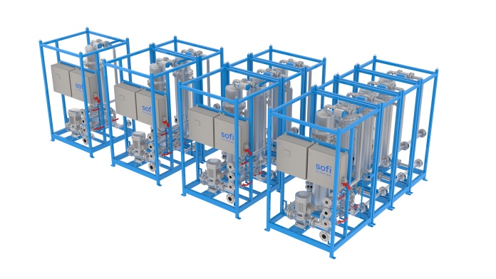 3D render of four Sofi filter units, each a set of steel vessels, pumps and control boxes inside a blue frame.