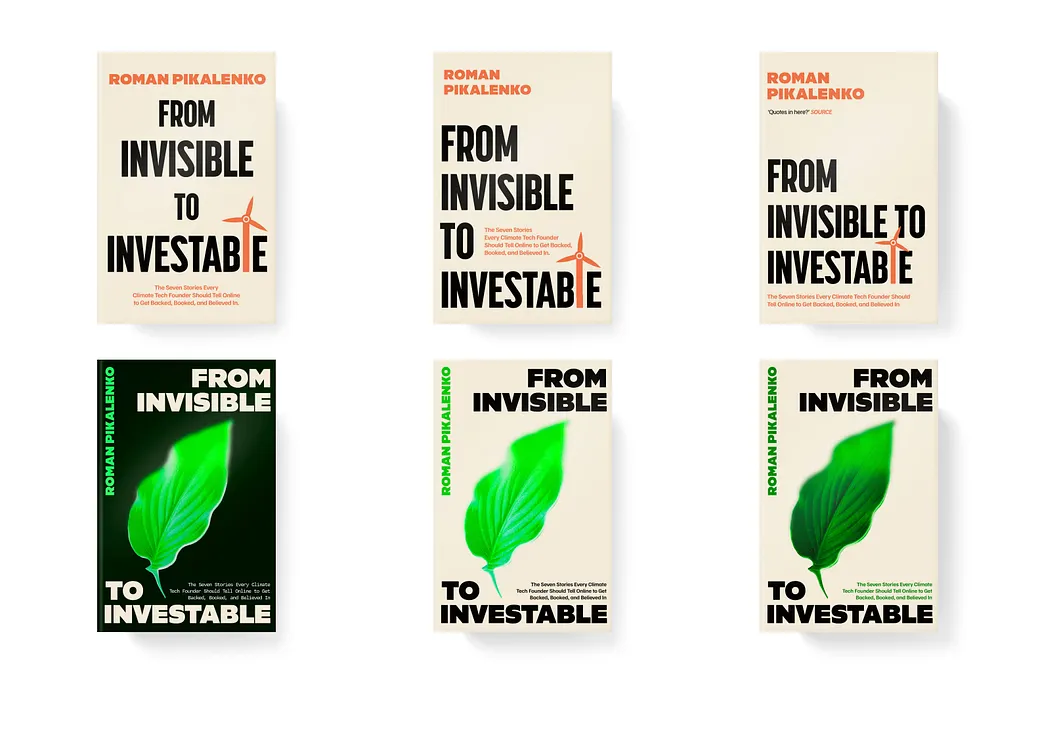 Round 2 cover concepts for From Invisible to Investable, including the black-background version Roman liked most.