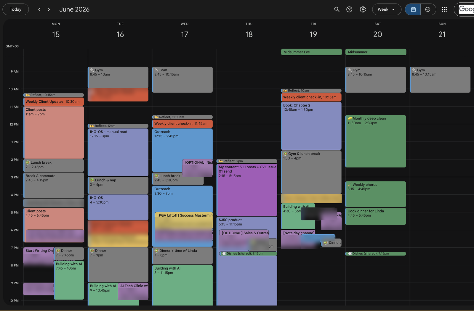 Roman's Google Calendar for the week of 15 to 21 June 2026, packed with client work, outreach and a Friday block for Book: Chapter 2. Some event names are blurred.