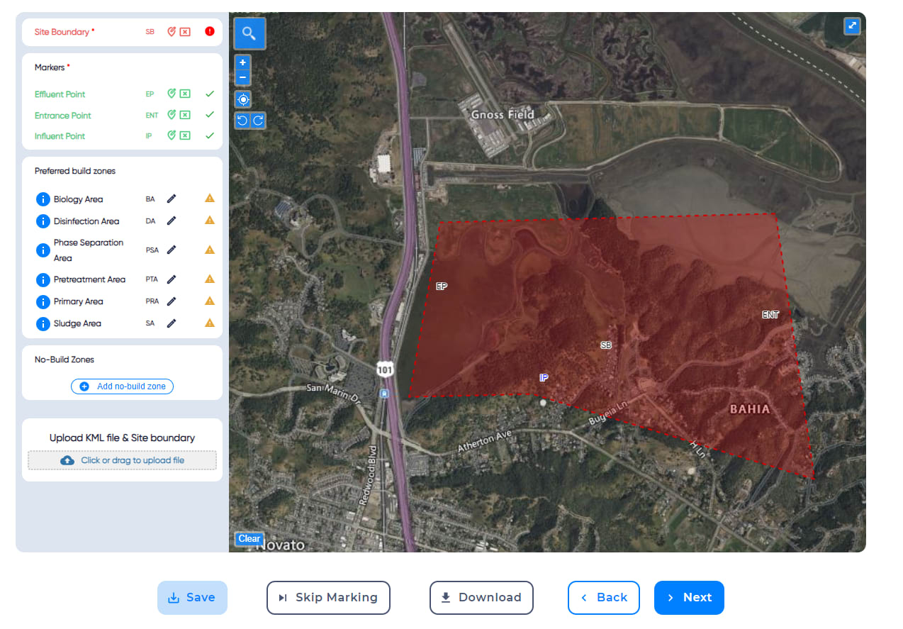 Screenshot of the Transcend Design Generator interface: a satellite map with a red site boundary marked, entrance, influent and effluent points, and a side panel of preferred build zones.