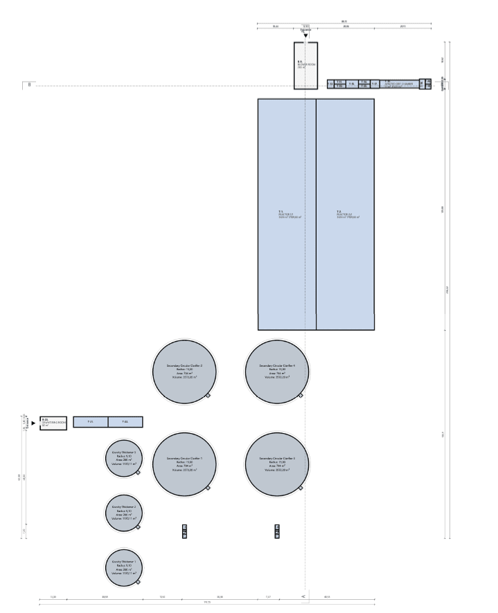 Auto-generated site plan from the Design Generator: two large rectangular reactors, four circular secondary clarifiers, three gravity thickeners and a blower room, drawn with dimension lines.