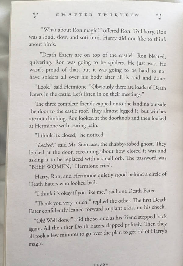 Page 272 of Botnik Studios' predictive-text Harry Potter chapter, including the line: Ron was going to be spiders. He just was.